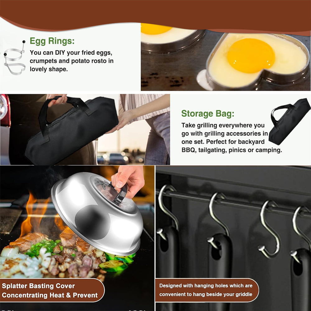 Oxenhors Griddle Accessories Kit, 26Pcs Grilling Accessories Set for Blackstone and Camp Chef, Flat Top Grill Accessories Set with Spatulas, Scraper, Egg Ring, Tong, Basting Cover for Outdoor BBQ