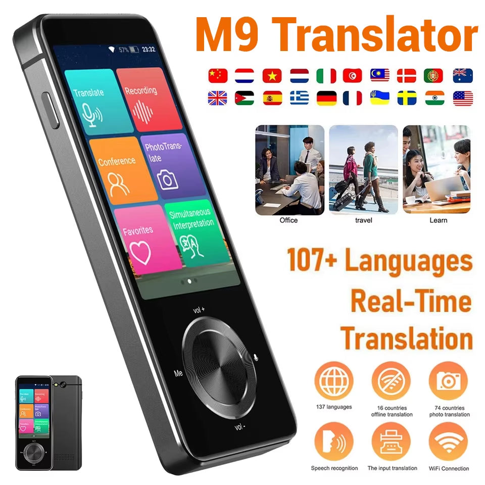 M9 Smart Language Translator - 107 Languages, Real-Time Voice & Text Translation, Recording Feature