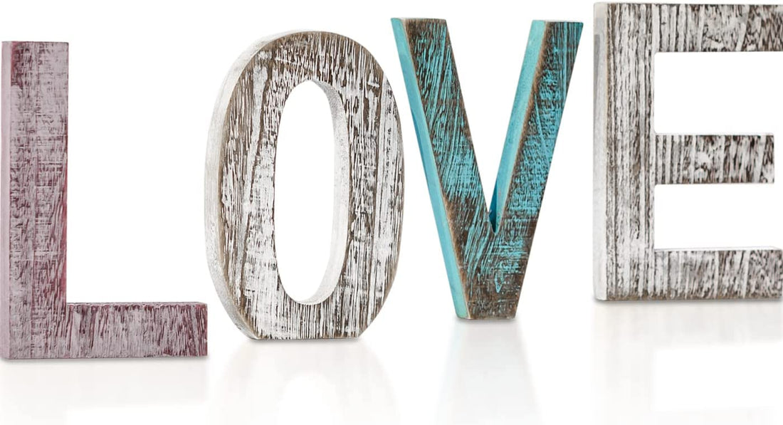 “LOVE” Decorative Wooden Letters – Large Wood Letters for Wall Décor in Rustic Blue, White and Grey – Rustic Home Decoration for Living Room - Rustic Home Décor Accents – Farmhouse Decor