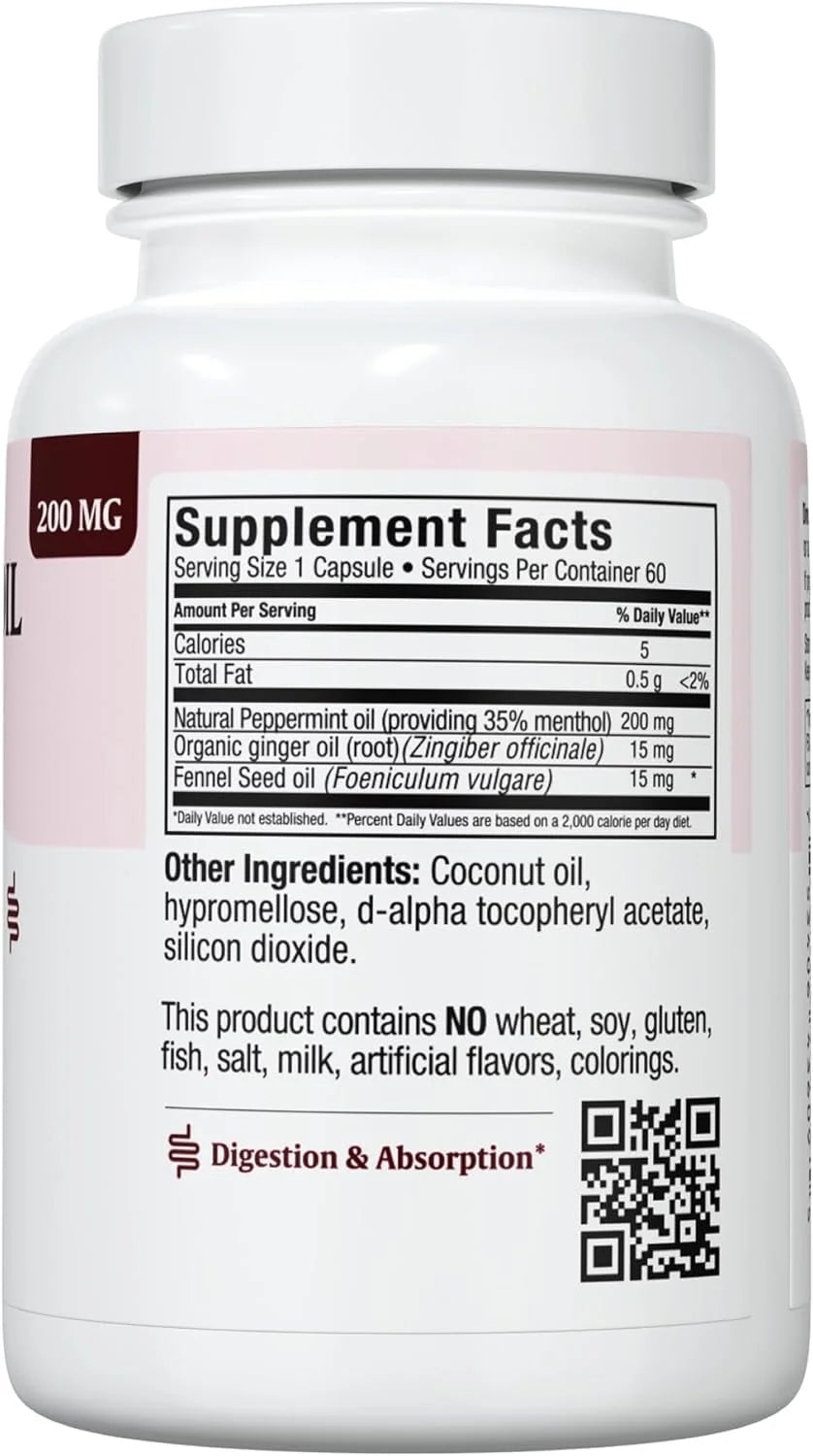 Peppermint Oil with Ginger & Fennel – Digestive Health Support – 60 Delayed Release Capsules