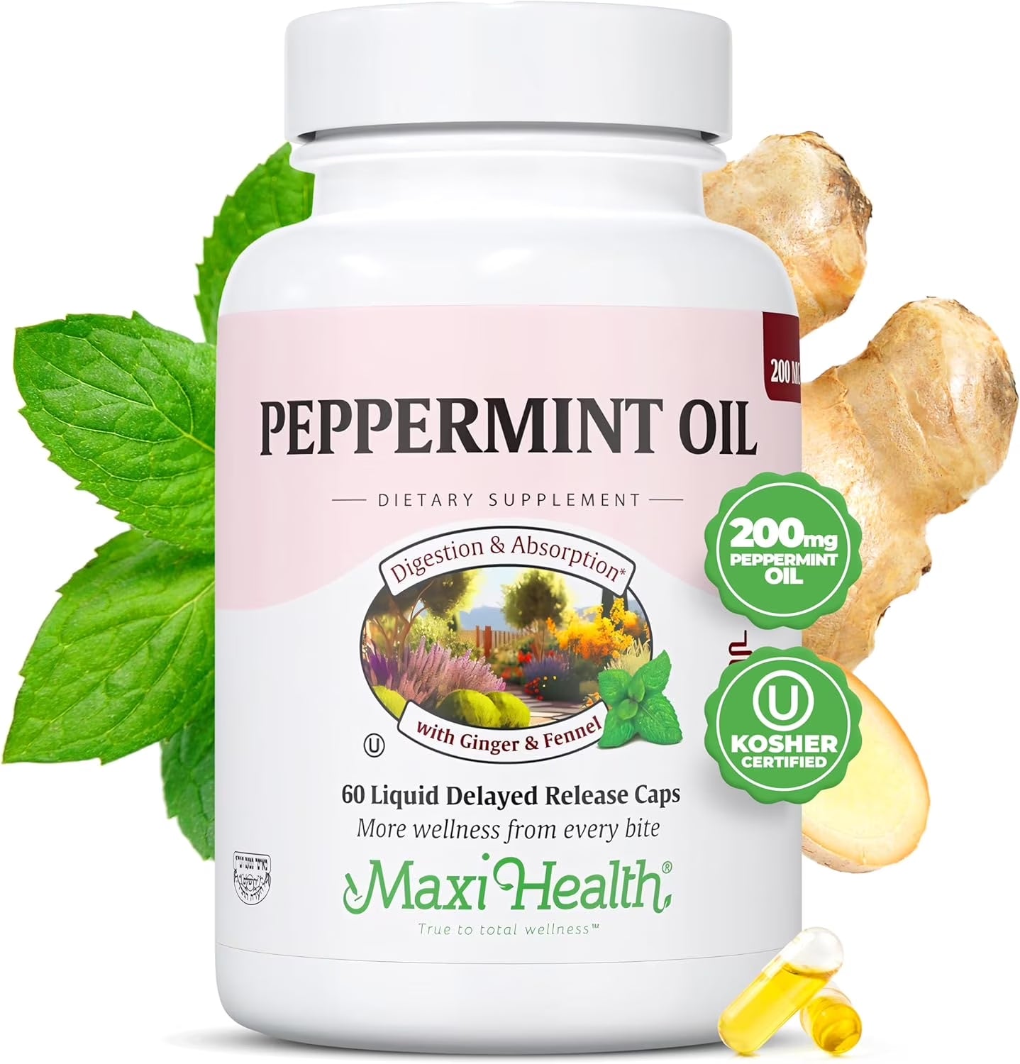 Peppermint Oil with Ginger & Fennel – Digestive Health Support – 60 Delayed Release Capsules