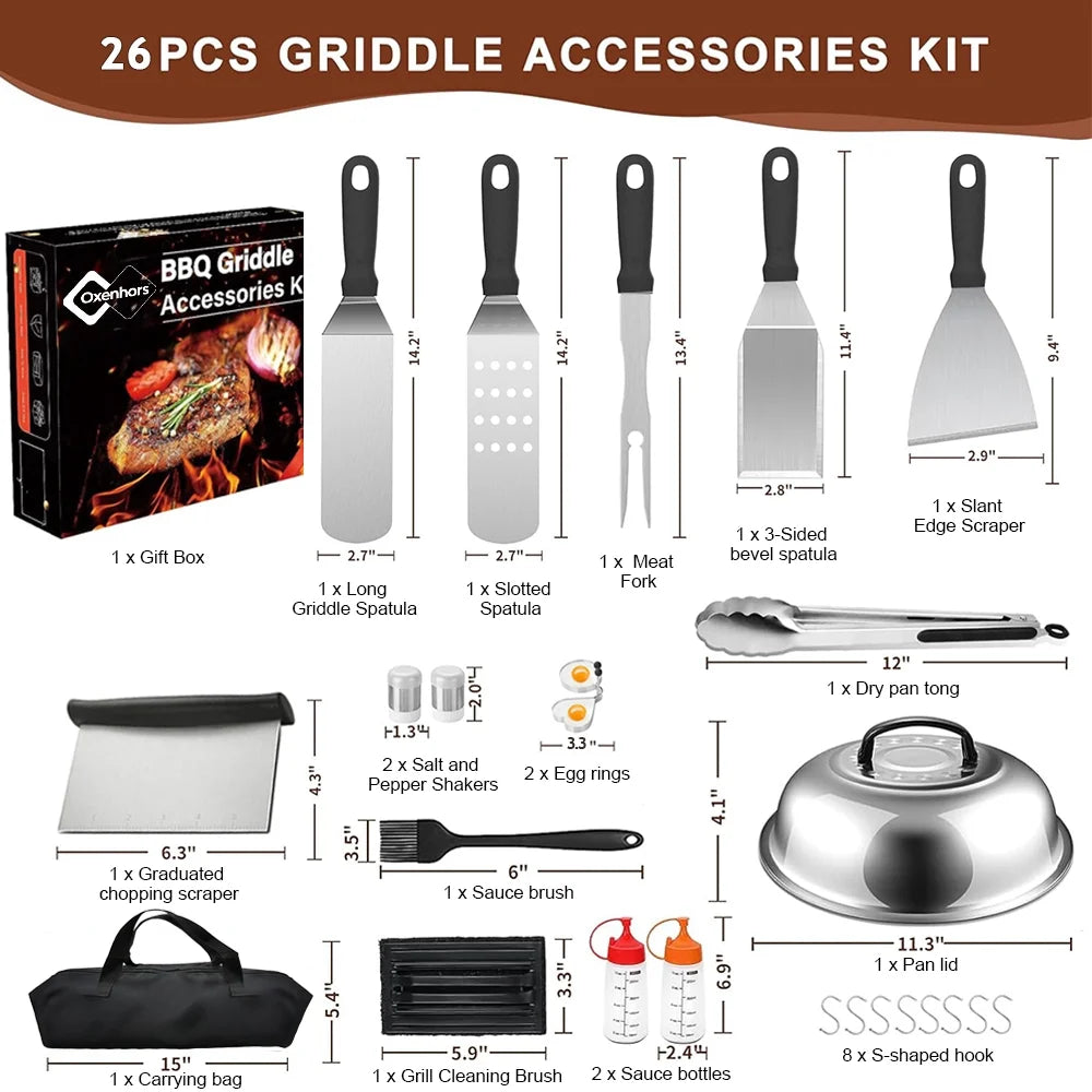 Oxenhors Griddle Accessories Kit, 26Pcs Grilling Accessories Set for Blackstone and Camp Chef, Flat Top Grill Accessories Set with Spatulas, Scraper, Egg Ring, Tong, Basting Cover for Outdoor BBQ
